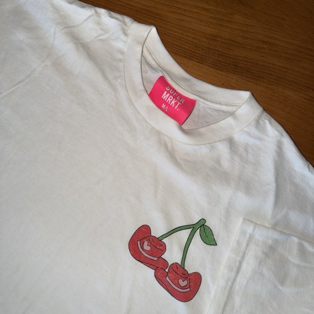 NWOT SUPER MKT. Cherry Cowboy Hats Unisex M/L Cotton T-Shirt White Oversized